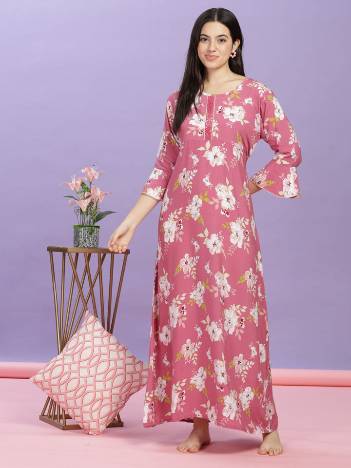 Pink Floral Rayon Designer Nighty for Women Online