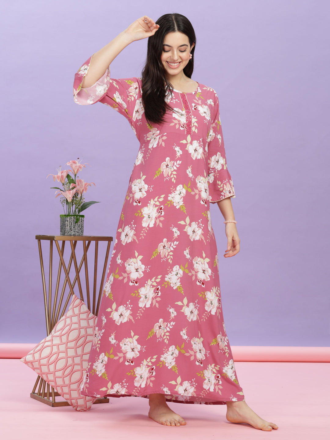 Pink Floral Rayon Designer Nighty for Women Online