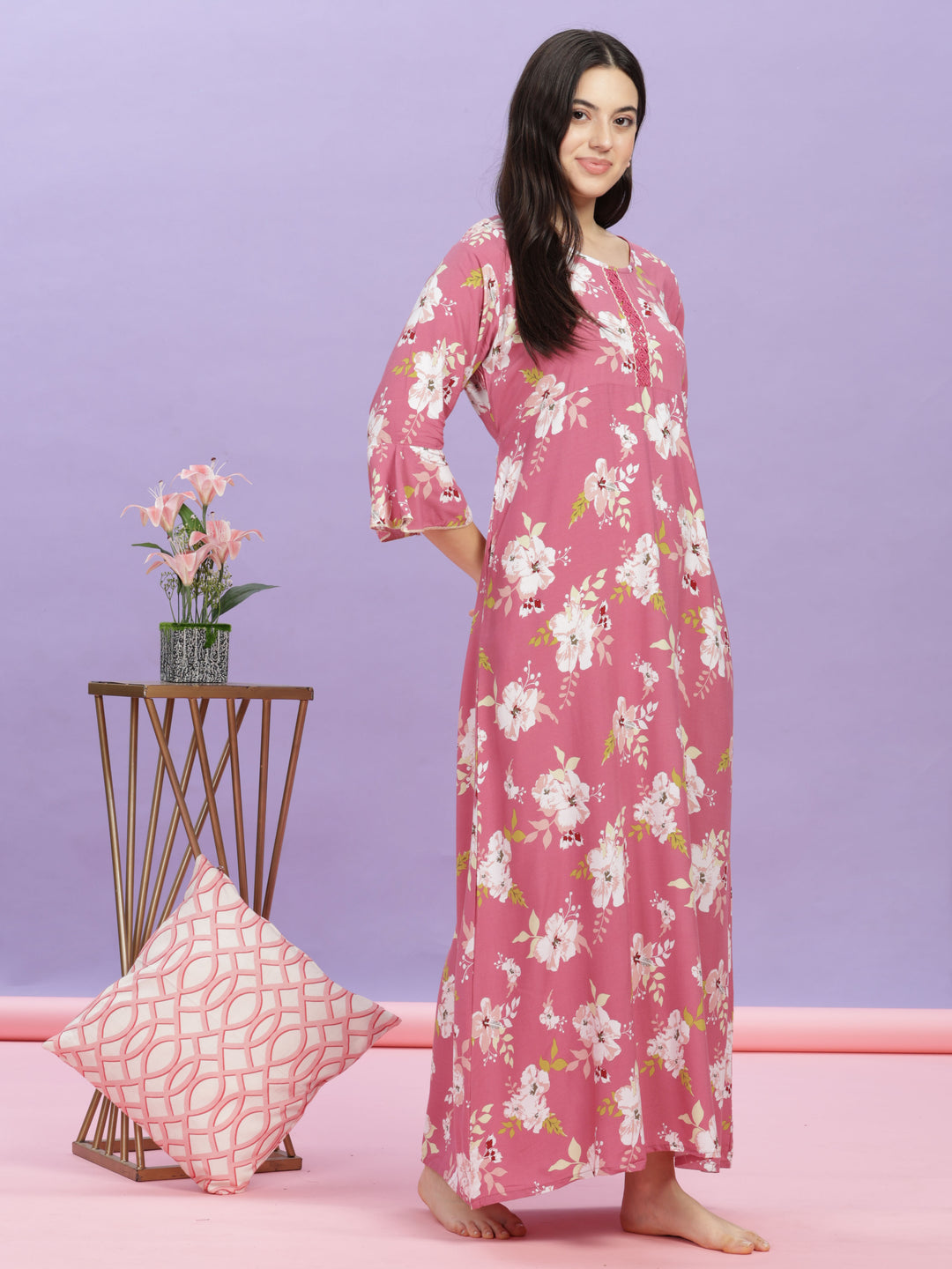 Pink Floral Rayon Designer Nighty for Women Online
