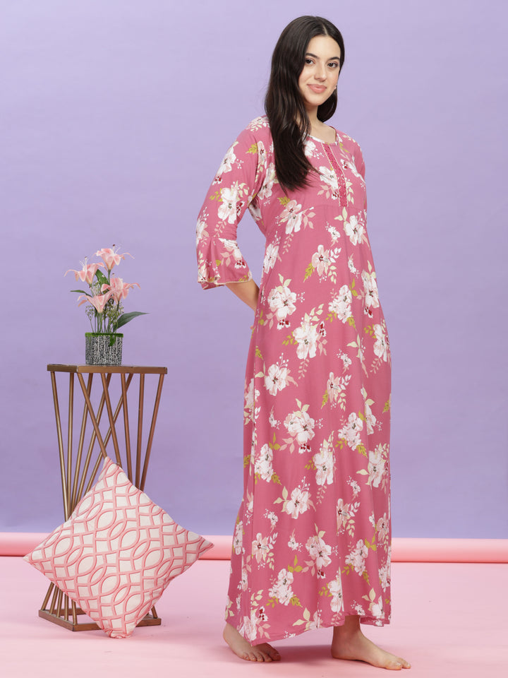 Pink Floral Rayon Designer Nighty for Women Online