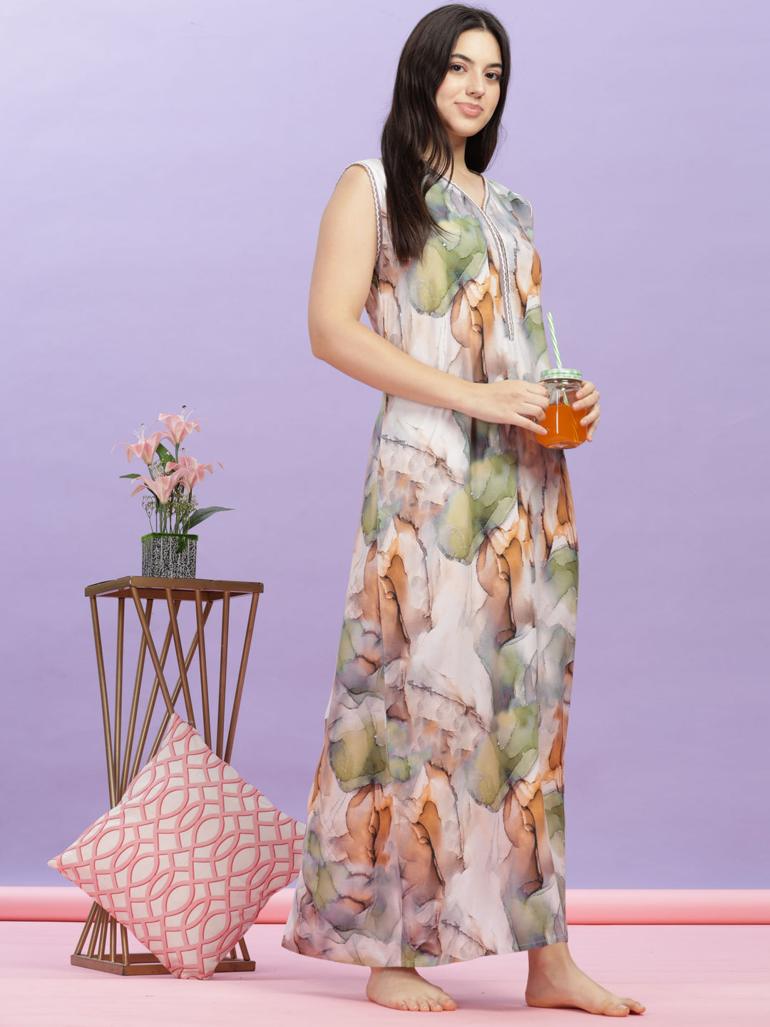 Marble India Print Rayon Nighty for Women in Nighties