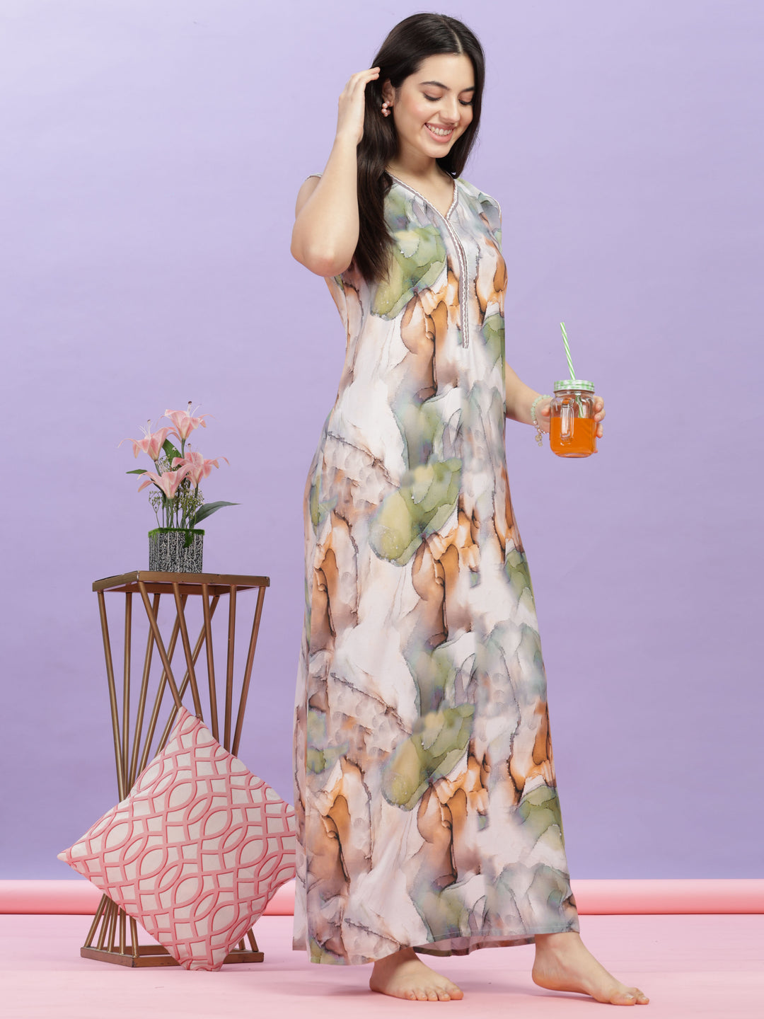 Marble India Print Rayon Nighty for Women in Nighties