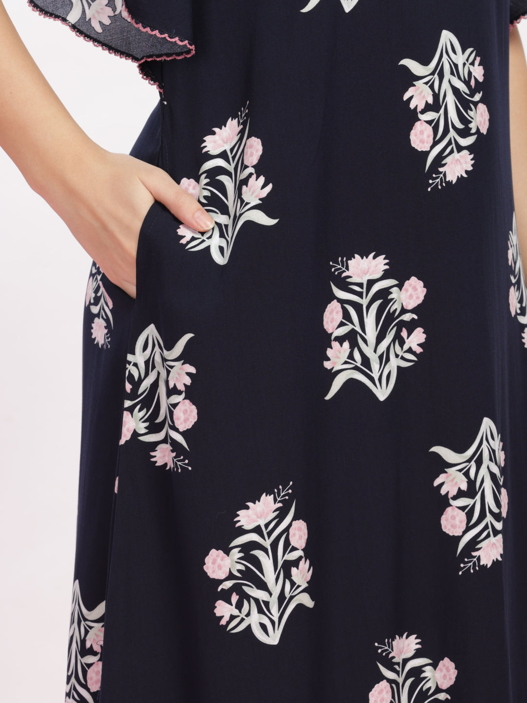  Rayon Designer Nighty  Buy Dark Blue Kaftan Sleeves Floral Rayon Designer Nighty - 9shines label 
