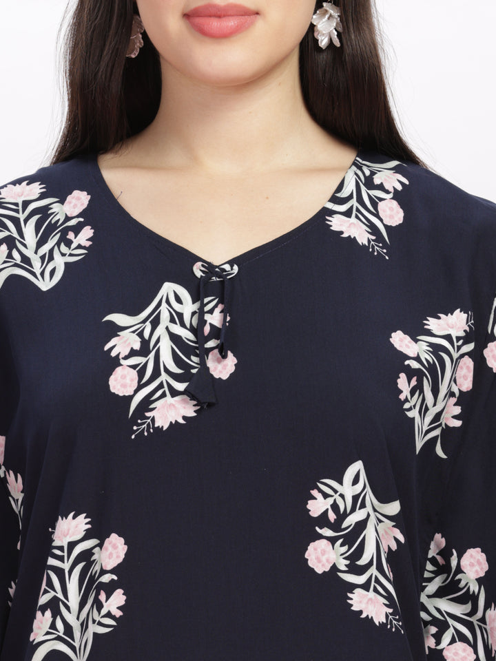  Rayon Designer Nighty  Buy Dark Blue Kaftan Sleeves Floral Rayon Designer Nighty - 9shines label 