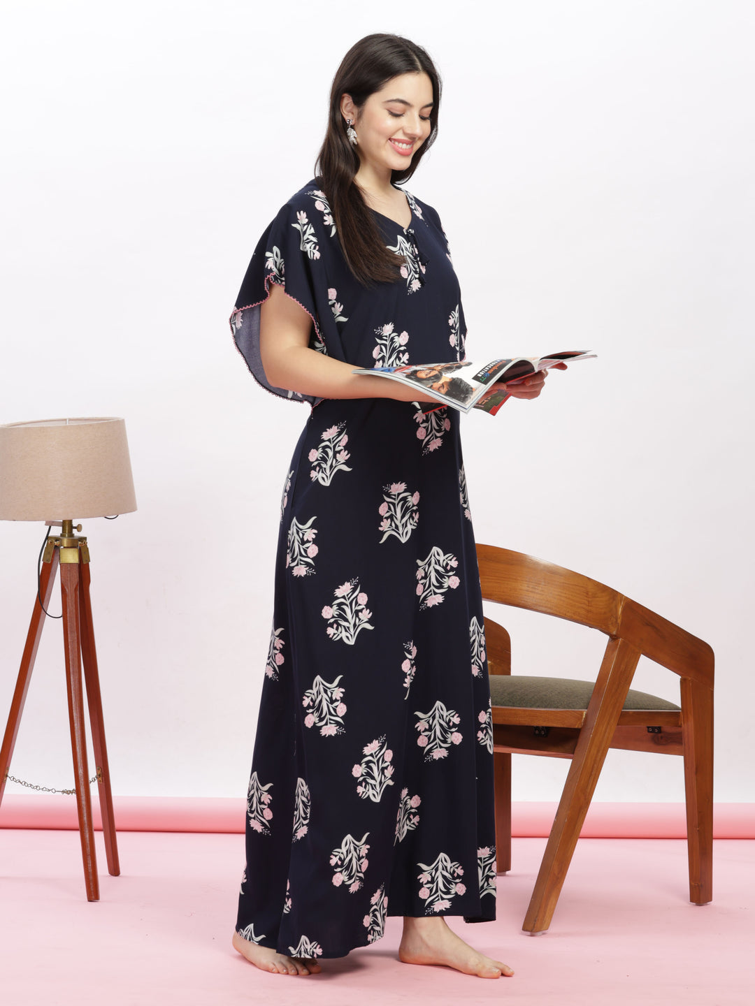  Rayon Designer Nighty  Buy Dark Blue Kaftan Sleeves Floral Rayon Designer Nighty - 9shines label 