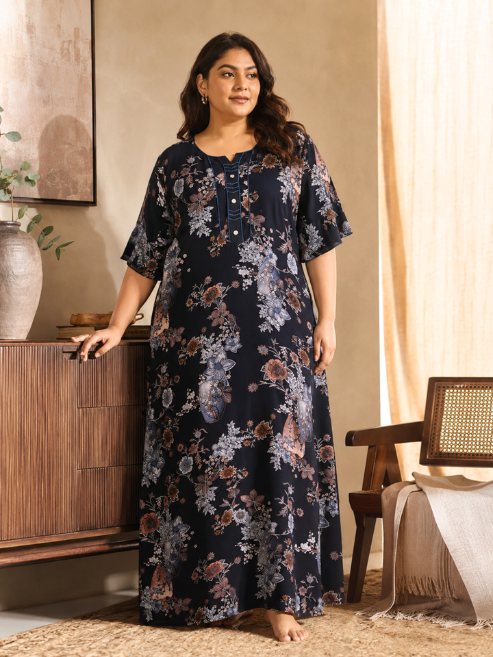 Rayon Black Floral Nighty Dress with Relaxed Silhouette and Pocket