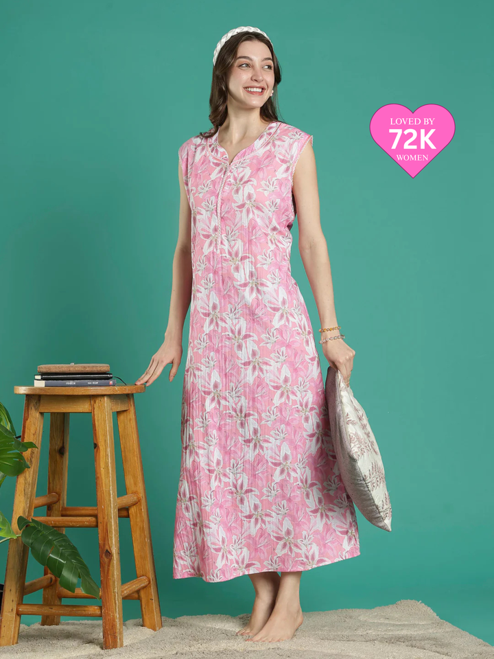 Saheli Rose Floral Bamboo Crush Sleeveless A Line Nighty for Women