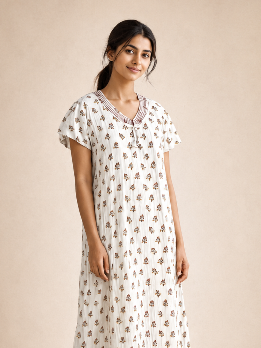 Buti Print Bamboo Feel Crush Cotton Nighty for Women Vanilla