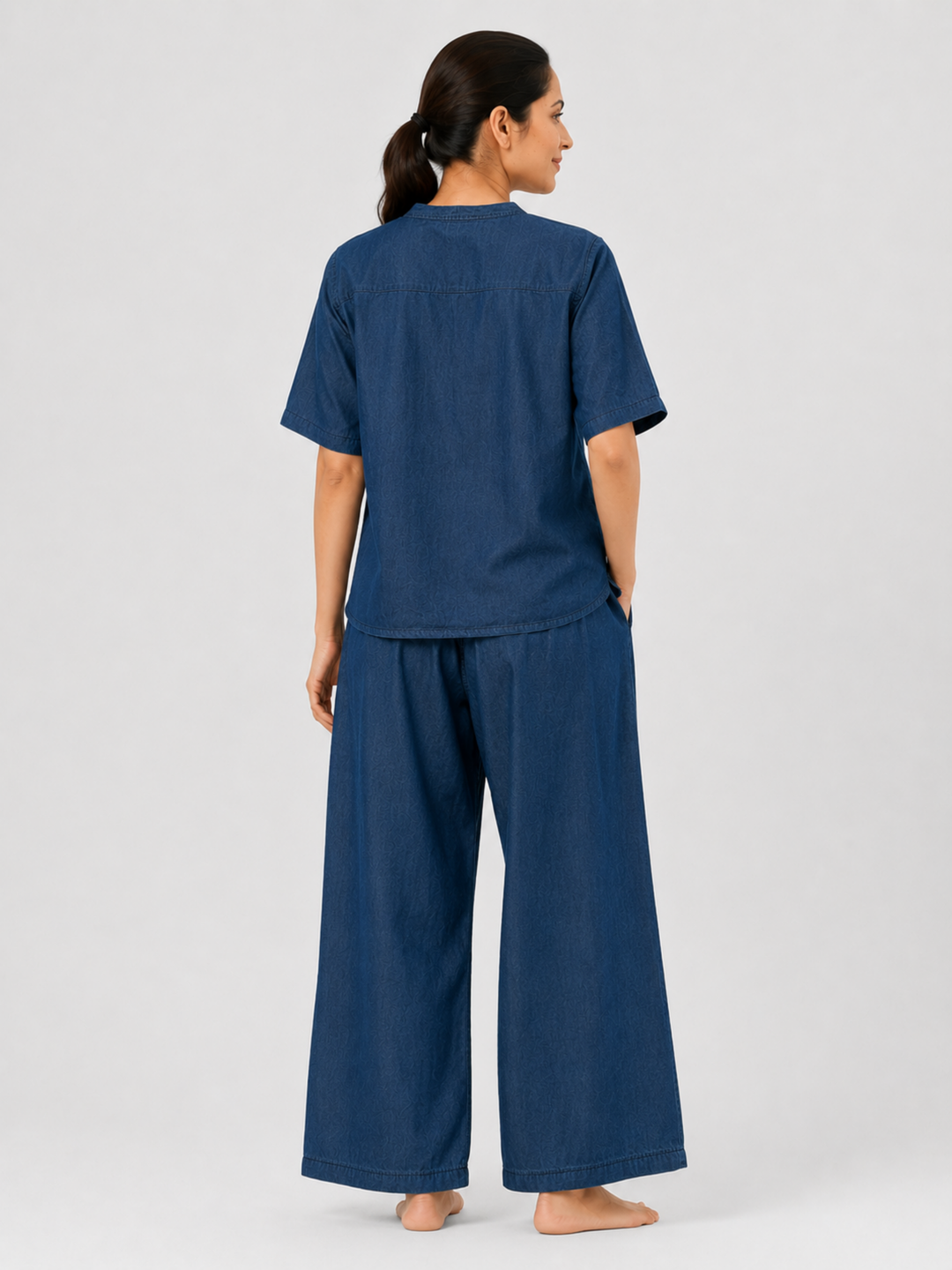 Dark Blue Denim Wash Cotton Co Ord Set for Women with Embroidery