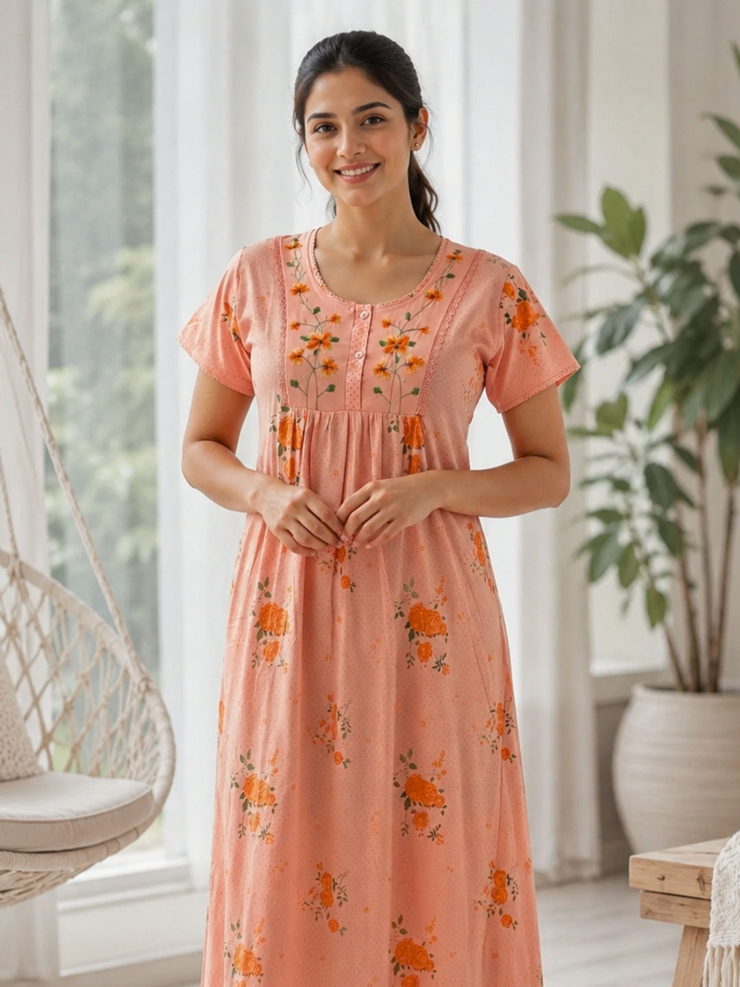 Coral Floral Embroidered Cotton Blend Nightdress for Women