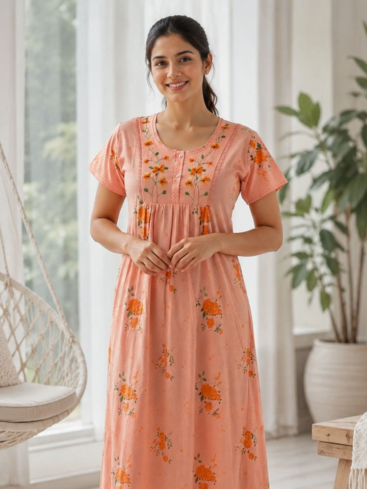 Coral Floral Embroidered Cotton Blend Nightdress for Women