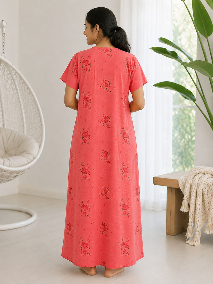 Ruby Cotton Blend Floral Embroidered Nighty for Women