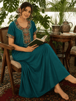 Raatrani Heritage Teal Alpine Embroidered A Line Nighty for Women