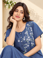 Soft Cotton Denim Blue Nighty with Floral Embroidery | Relaxed Fit