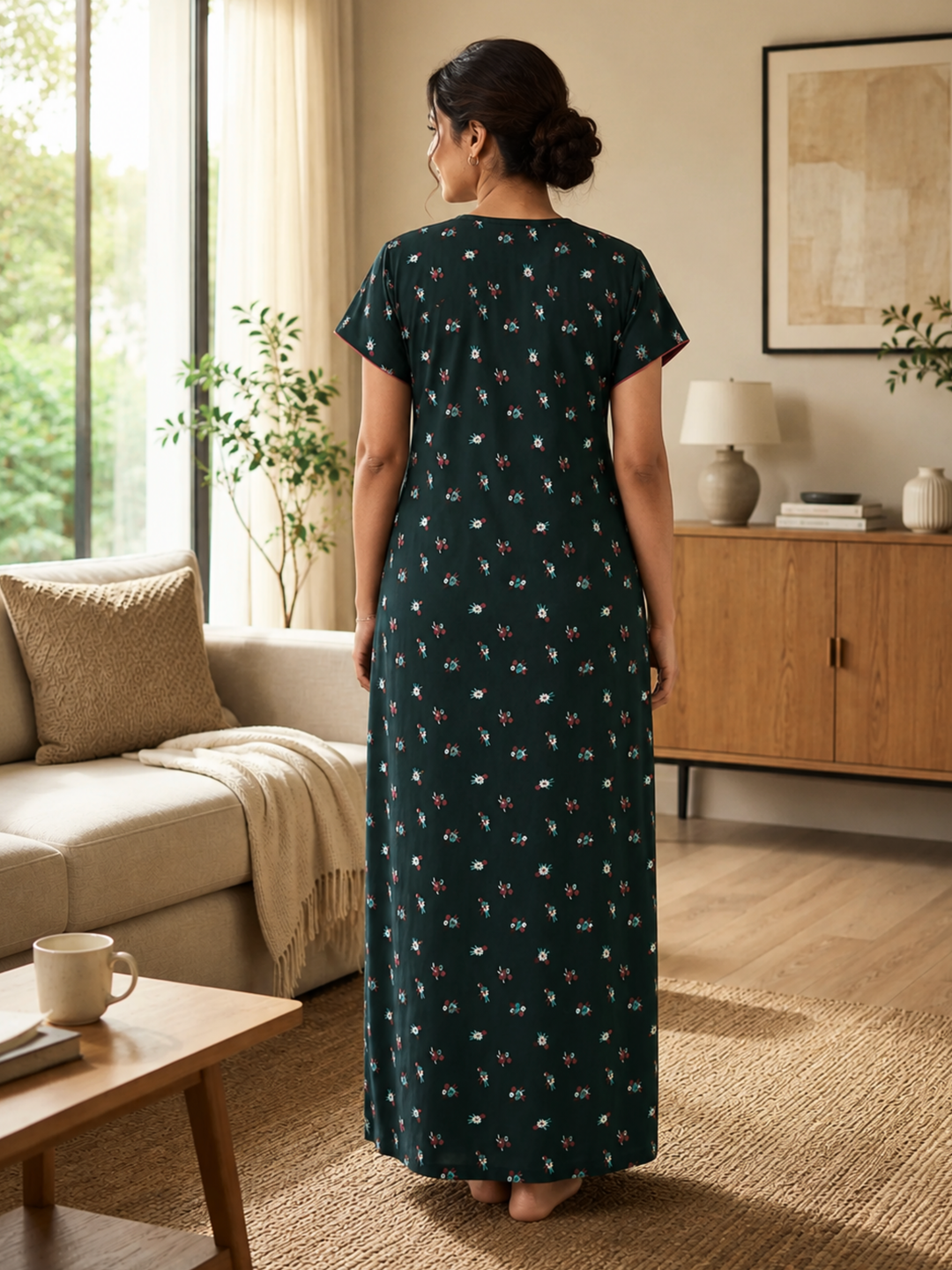 Bottle Green Floral Cotton Blend Designer Nighty for Women