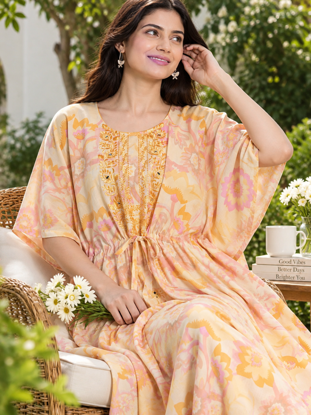 Golden Yellow Floral Cotton Kaftan Nighty for Women
