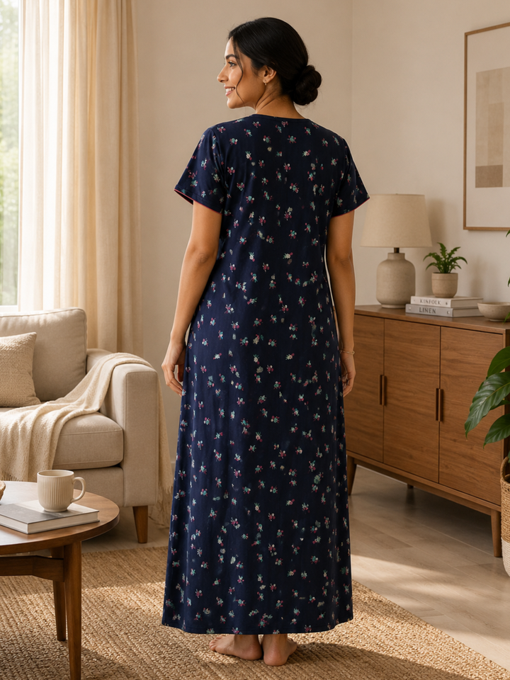 Ink Blue Floral Cotton Blend Designer Nighty for Women