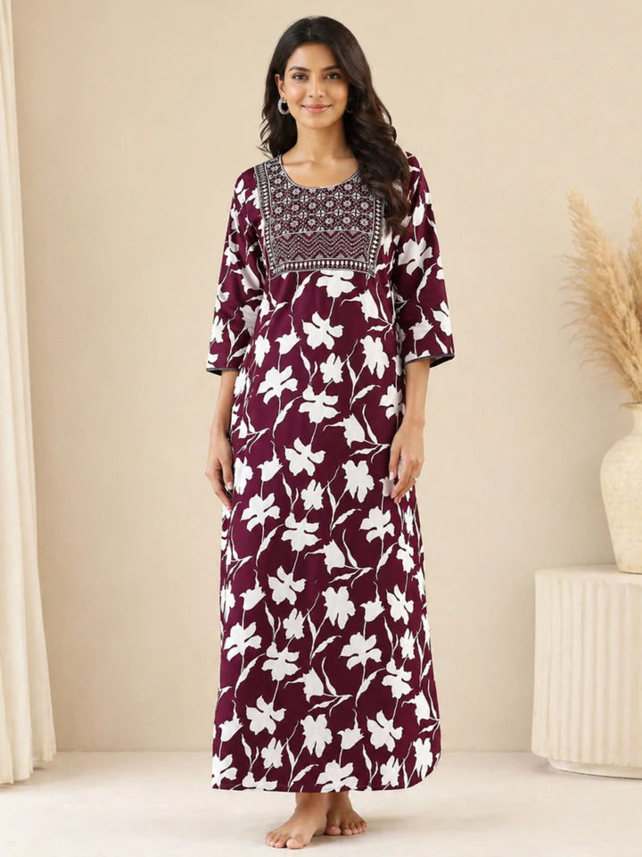 Luxurious Purple Jaipuri Cotton Nighty Embroidered Patch