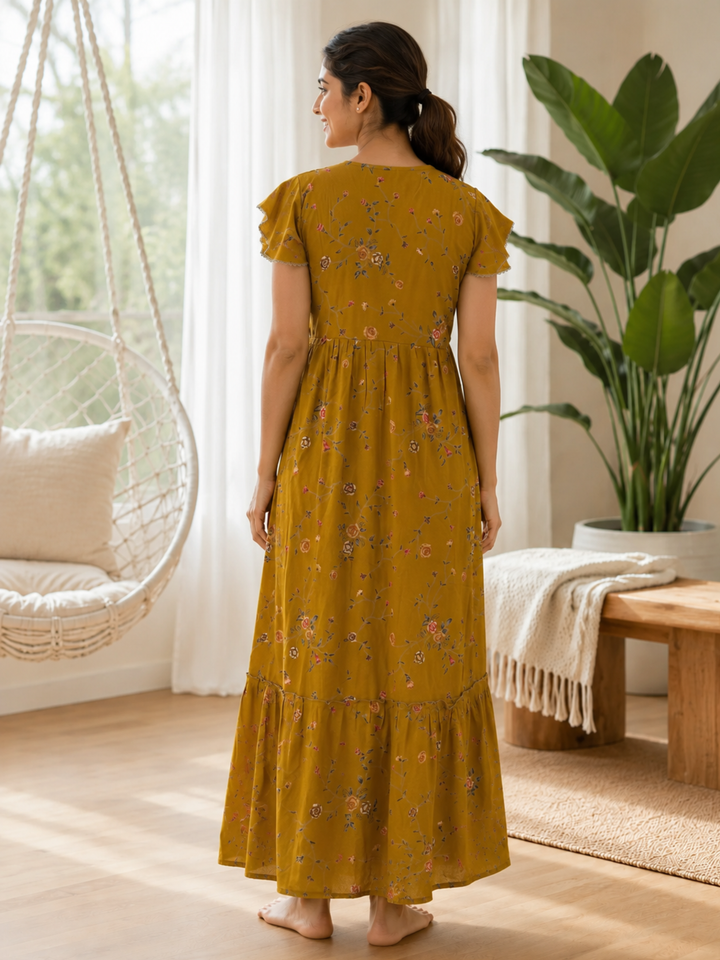 Floret Mustard Alpine Designer Nighty for Women with Frock Fit
