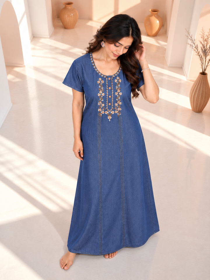 Intricate Embroidery Denim Blue Nighty - Soft Cotton for Cozy Comfort