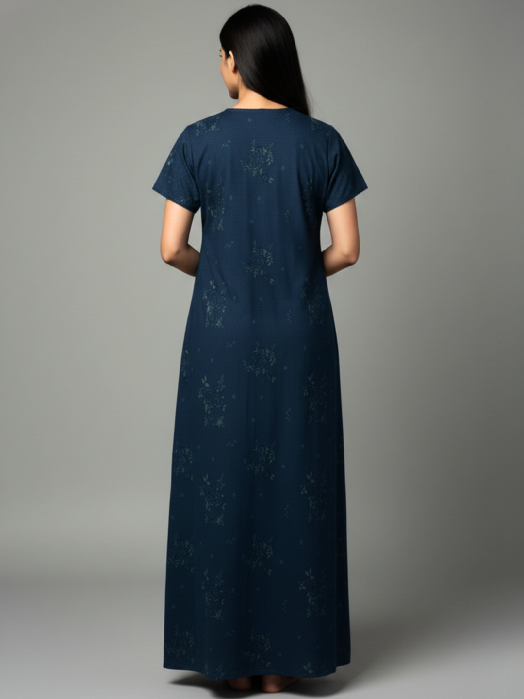 Floral Pleated Cotton Blend Nighty for Women in Indigo Shade