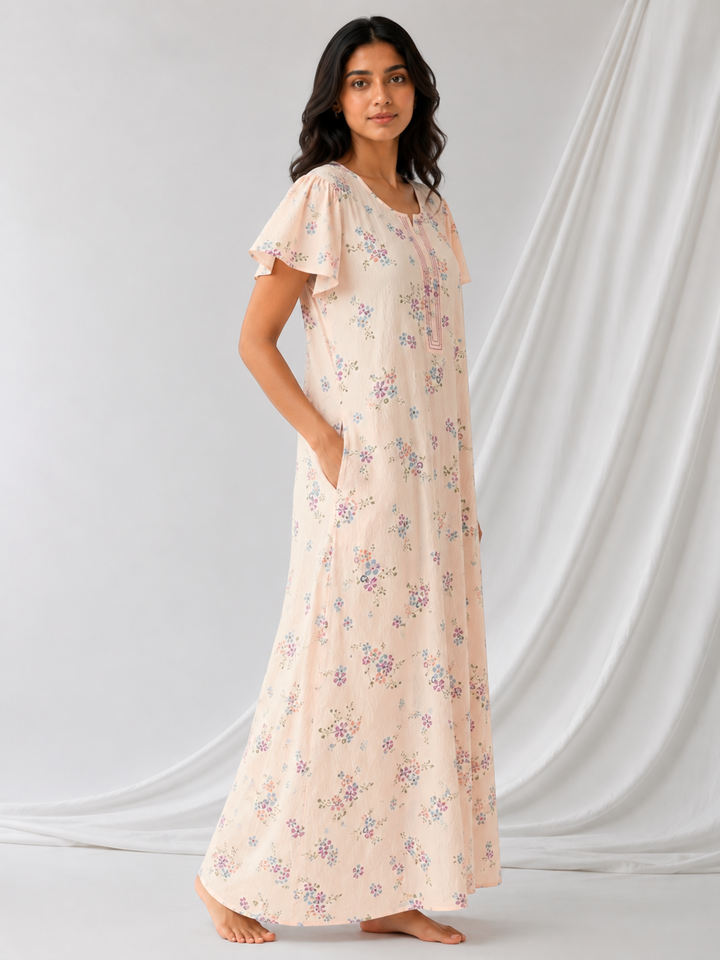 Meadow Peach Floral Crush Cotton Nighty for Women Breathable