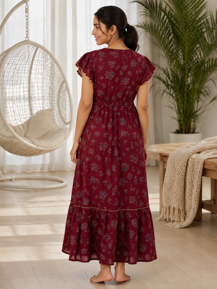 Blossom Maroon Alpine Designer Nighty for Women Relaxed Frock Style