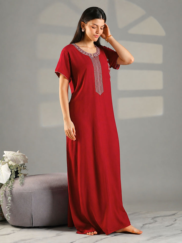 Stylish Alpine Sadabahar Ruby Red Embroidered A Line Nighty for Women