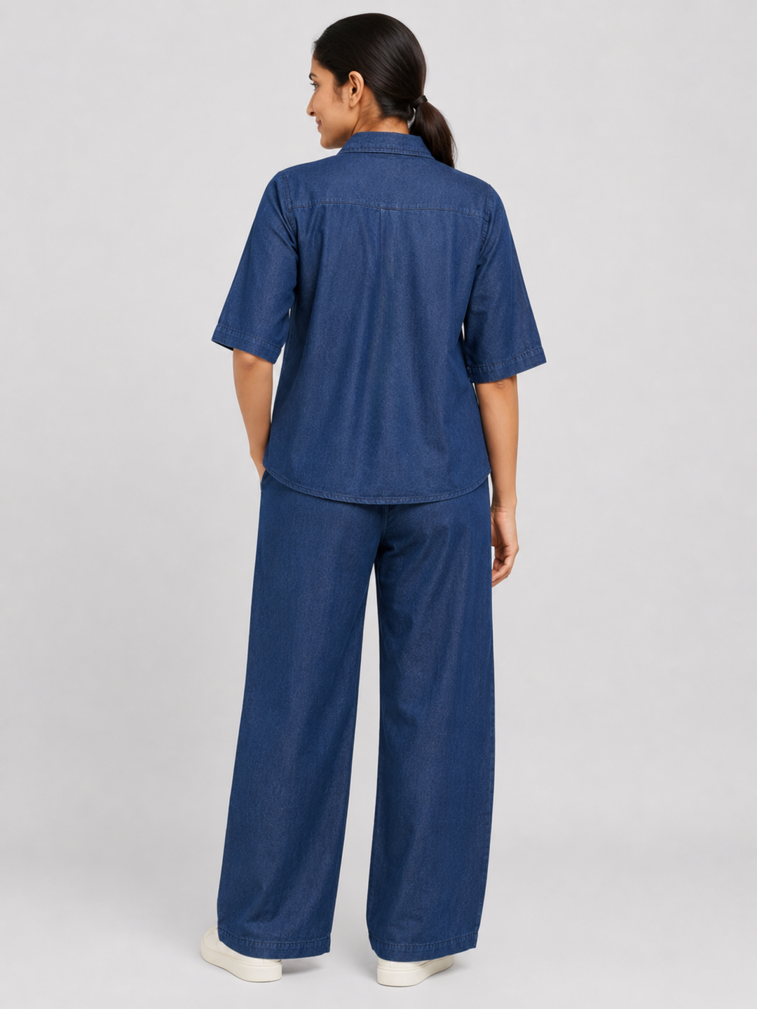Light Blue Denim Co Ord Set for Women with Floral Design