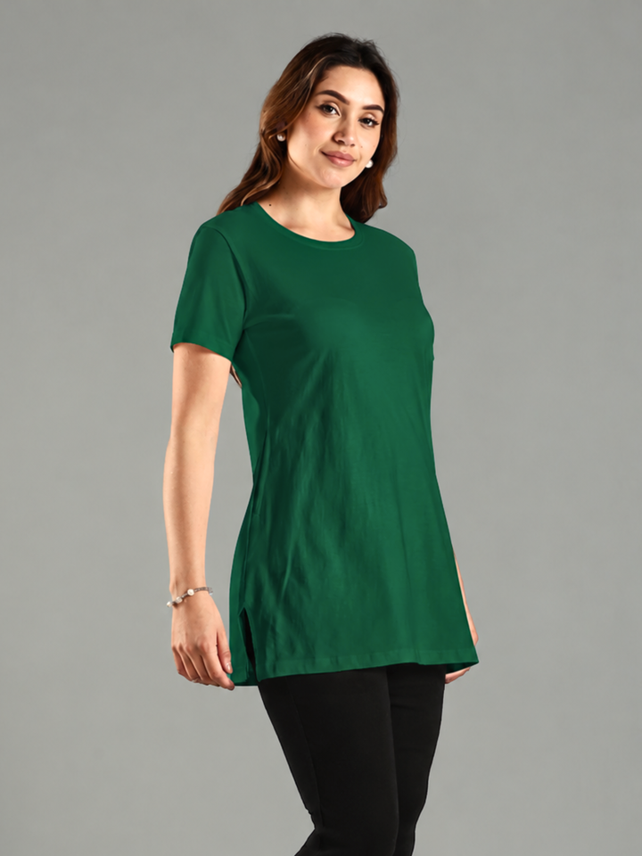 Green Hosiery Cotton Long T Shirt Nighty with Side Pocket