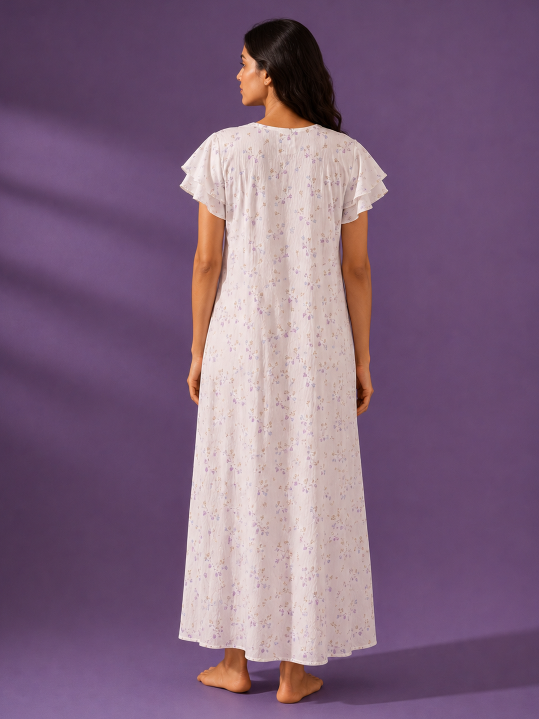 Pastel White Disty Floral Bamboo Feel Crush Cotton Nighty