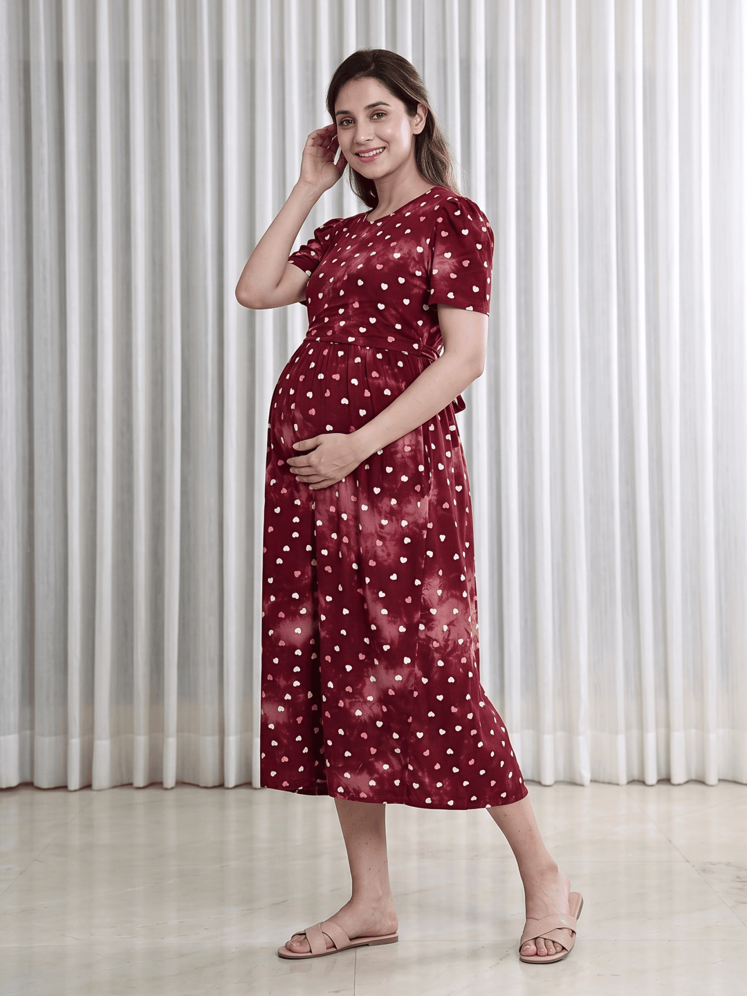 Red Heart Print Hosiery Cotton Maternity Nighty with Feeding Flap