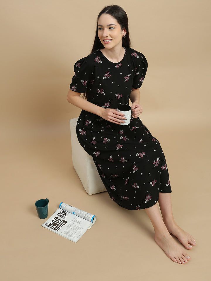 Midnight Blossom Floral Hosiery Cotton Short Maternity Nighty