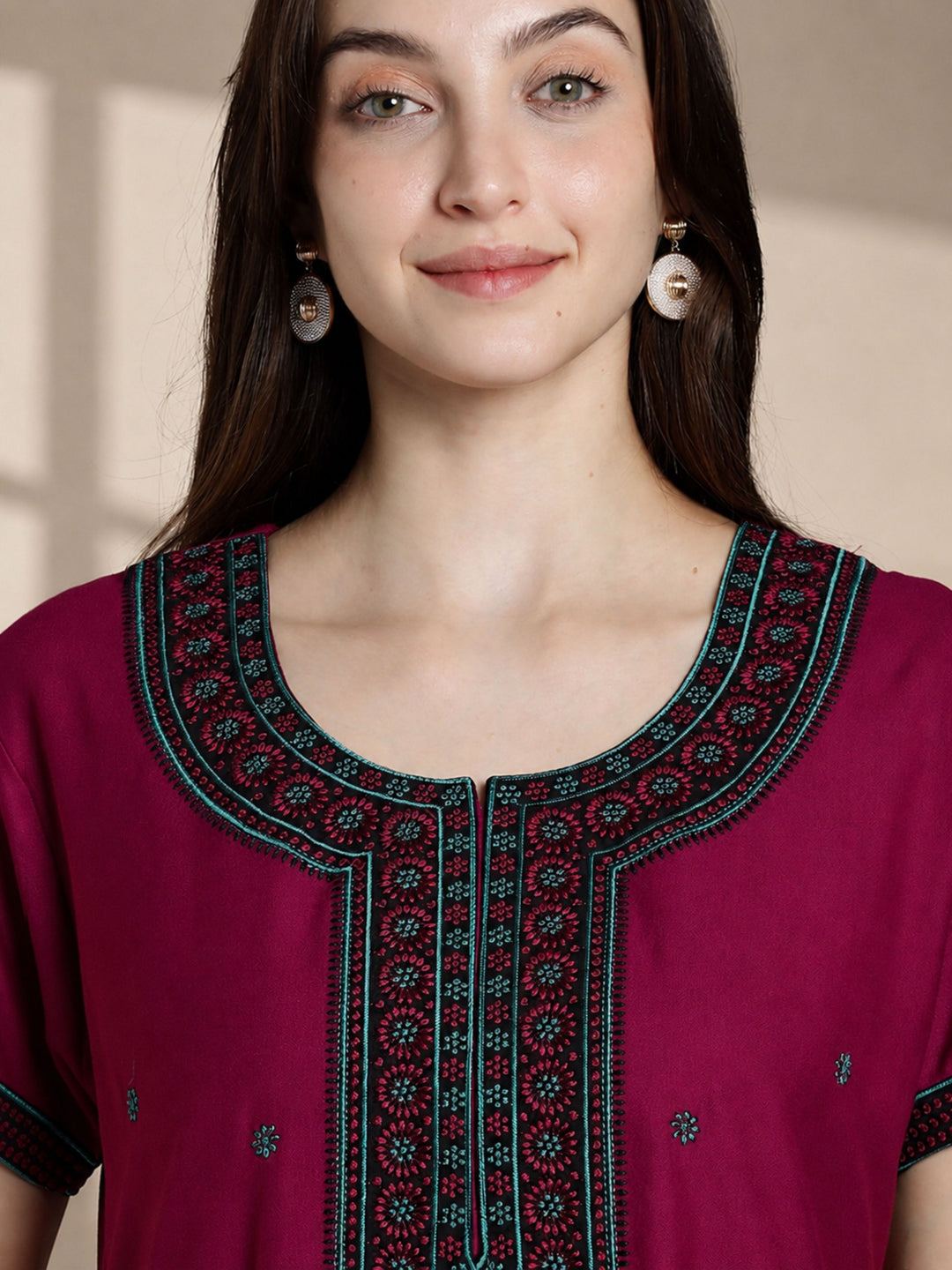 Raatrani Plum Pink Alpine Designer Nighty for Women with Embroidery