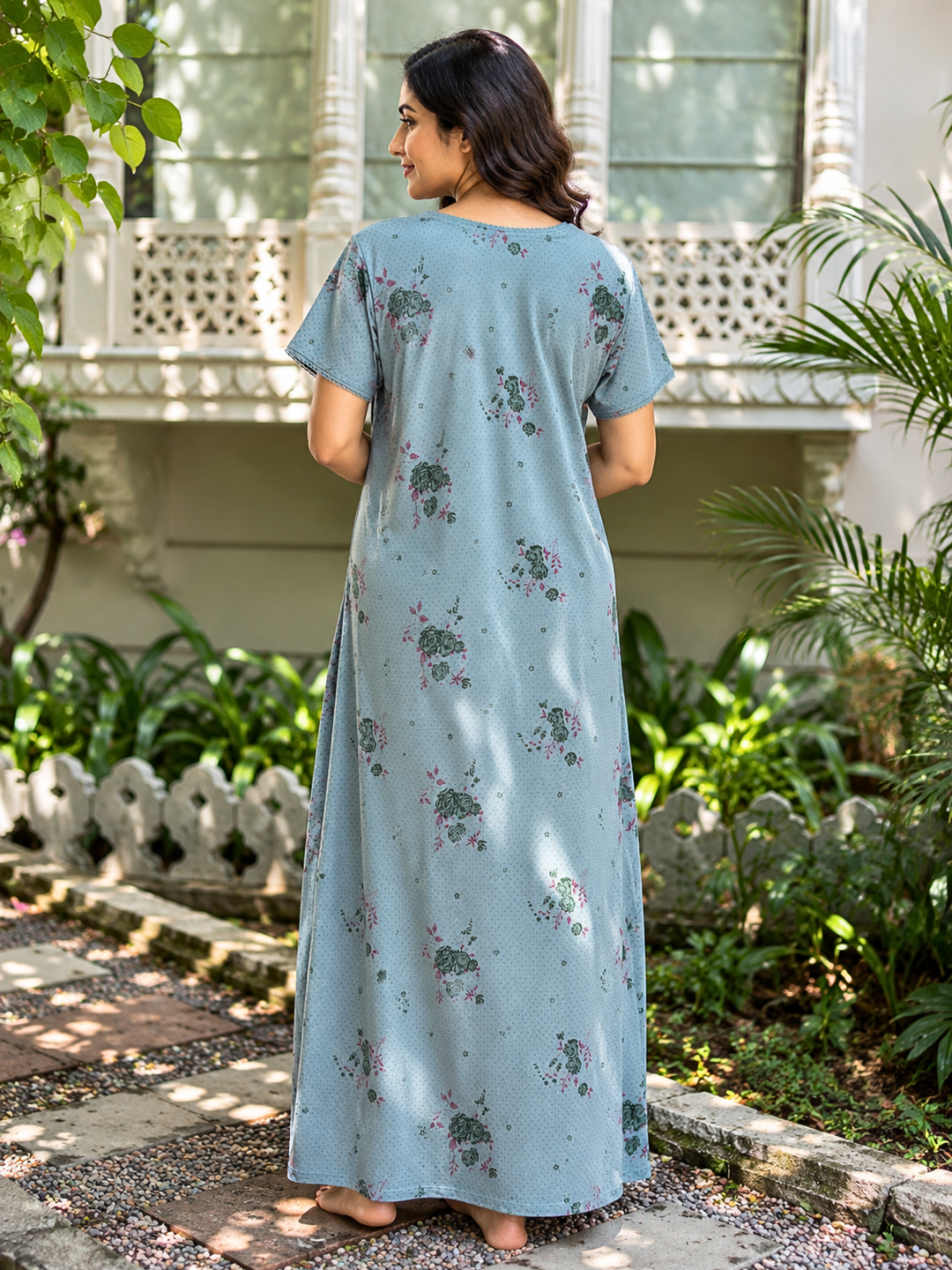 Mist Green Floral Print Cotton Blend Nighty for Women