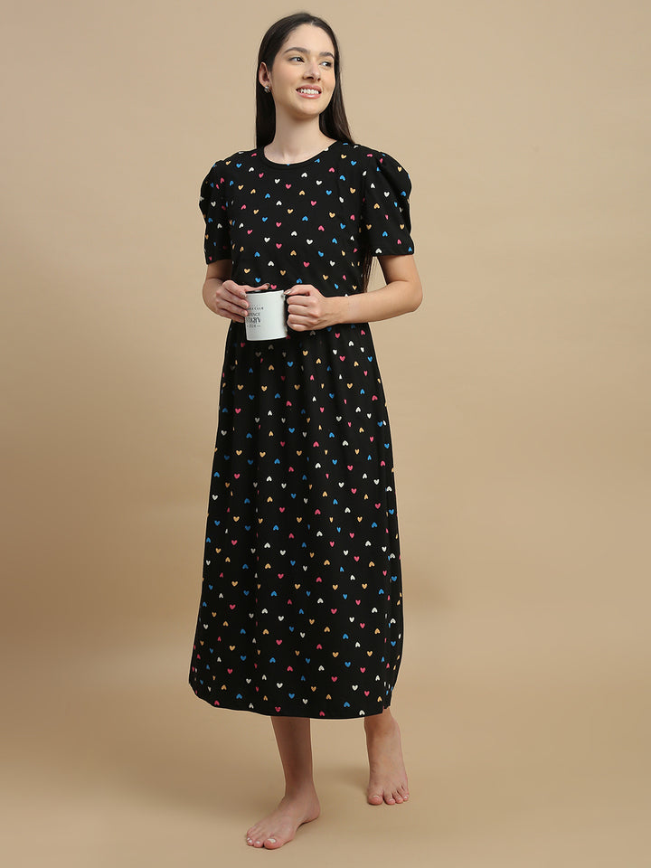 Black Sweetheart Floral Hosiery Cotton Short Maternity Nighty