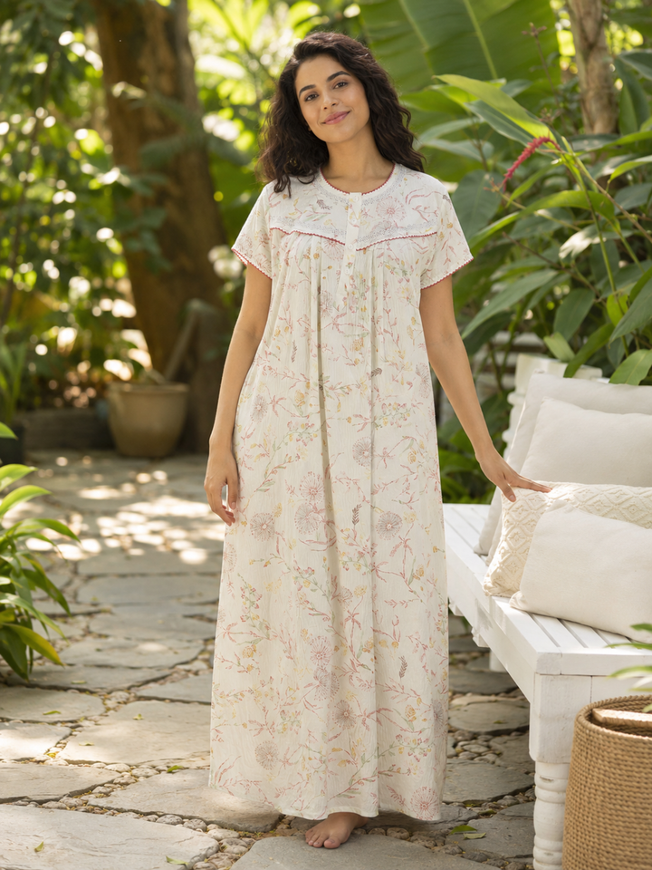 Premium Crush Cotton Pastel Green Floral Nighty with Lace Yoke