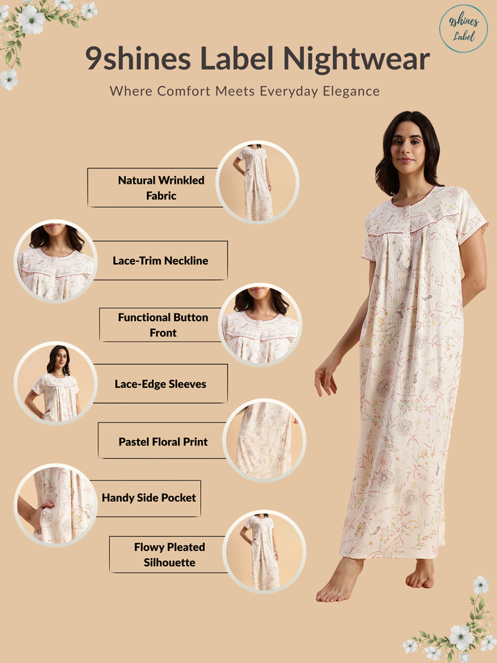 Soft Pastel Peach Crush Cotton Nighty with Floral Lace Yoke