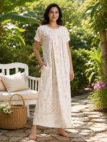 Soft Pastel Peach Crush Cotton Nighty with Floral Lace Yoke
