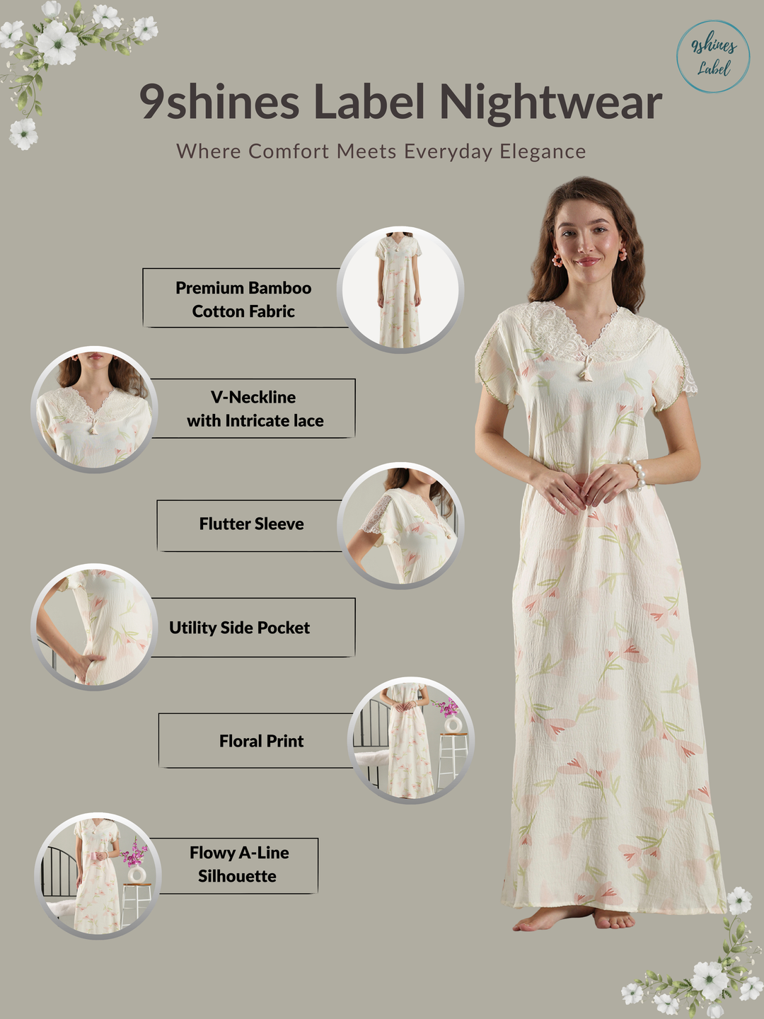 Bamboo Cotton Floral Nighty in Soft Yellow with Lace Yoke and Pocket