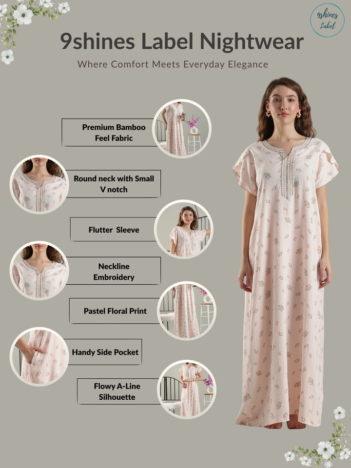 Crush Cotton Tulip Print Nighty for Women Soft Misty Peach