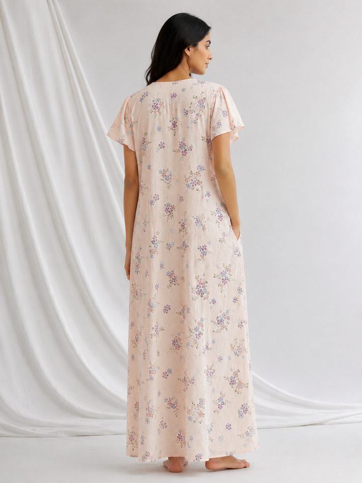 Meadow Peach Floral Crush Cotton Nighty for Women Breathable