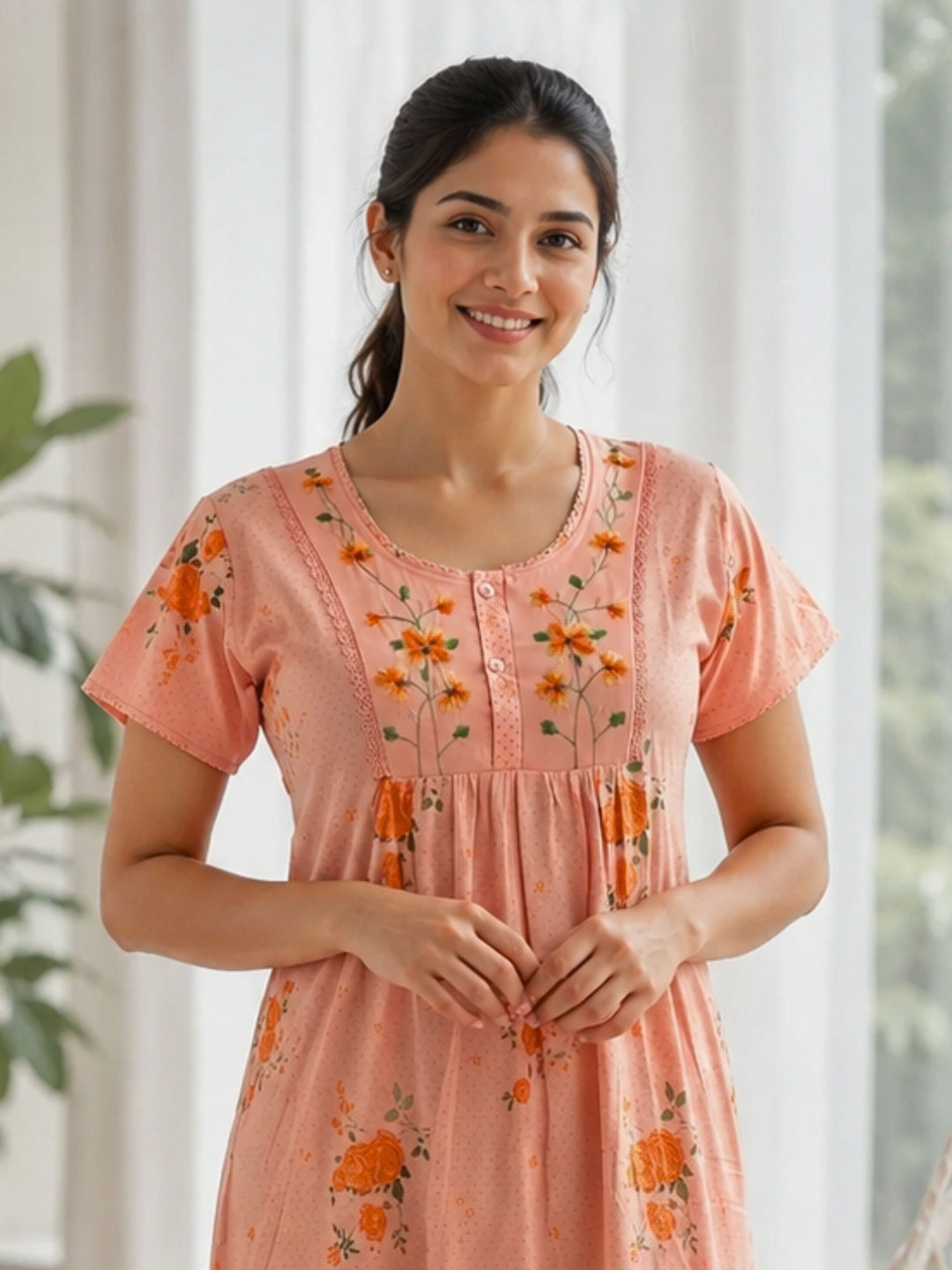 Coral Floral Embroidered Cotton Blend Nightdress for Women