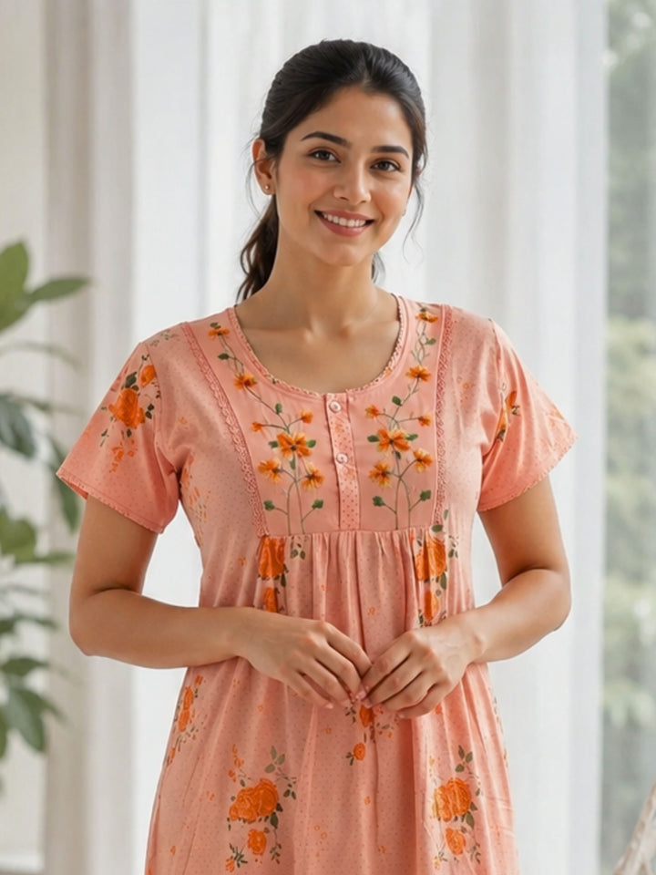Coral Floral Embroidered Cotton Blend Nightdress for Women