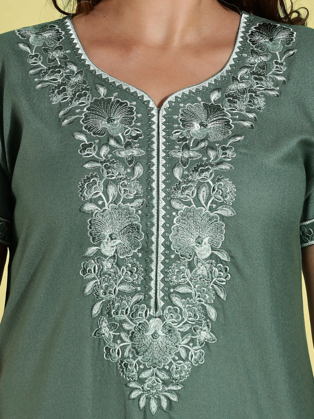 Sadabahar Green Alpine Nighty with Classic Embroidery and Pocket