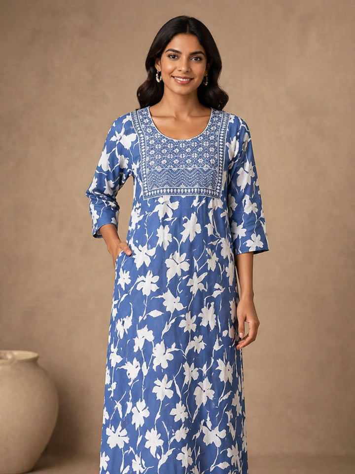 Serene Blue Jaipuri Cotton Nighty Floral Embroidered Patch Side Pocket
