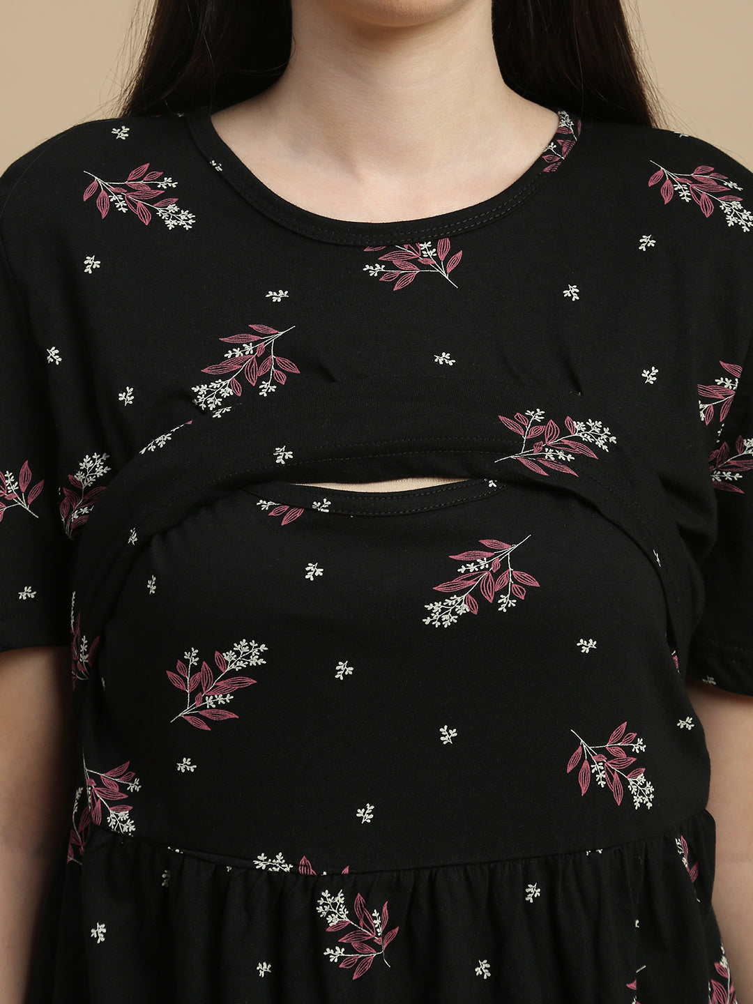 Midnight Blossom Floral Hosiery Cotton Short Maternity Nighty