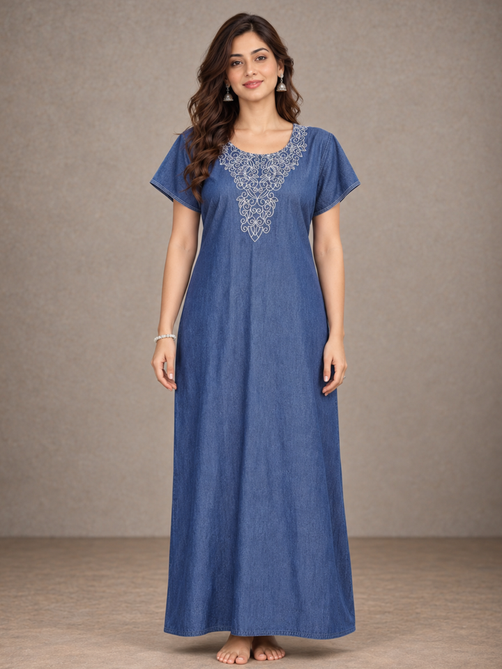 Denim Blue Embrace Embroidered Nighty - Luxurious Cotton Comfort