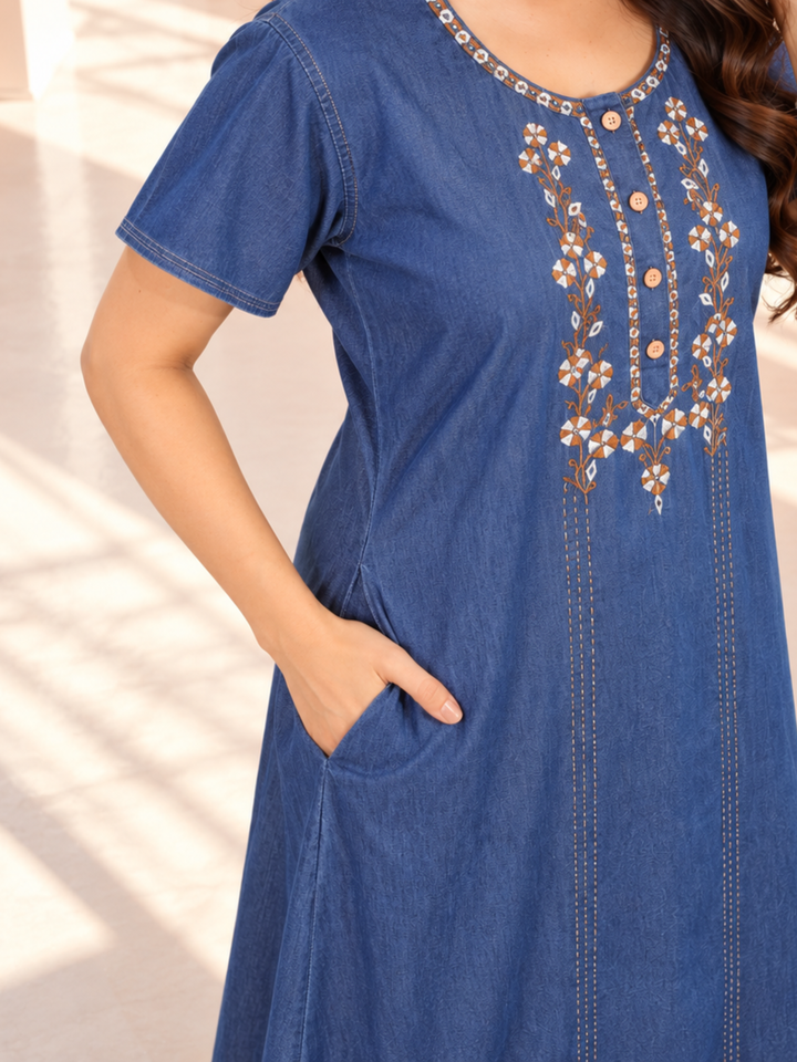 Intricate Embroidery Denim Blue Nighty - Soft Cotton for Cozy Comfort