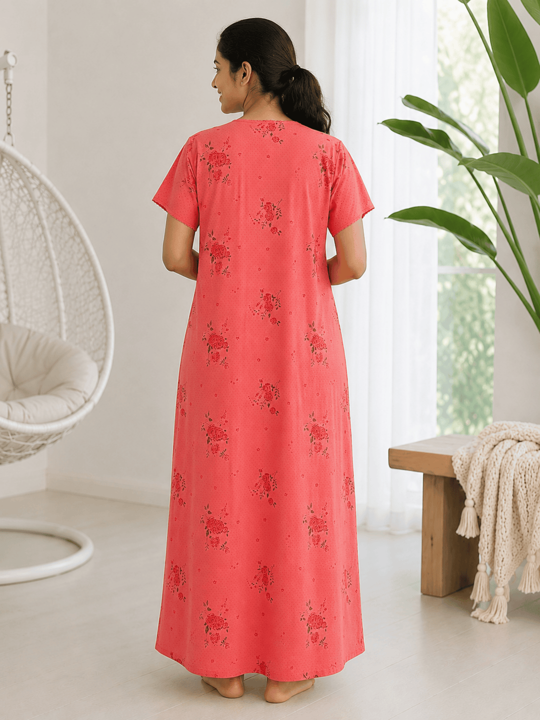 Ruby Cotton Blend Floral Embroidered Nighty for Women